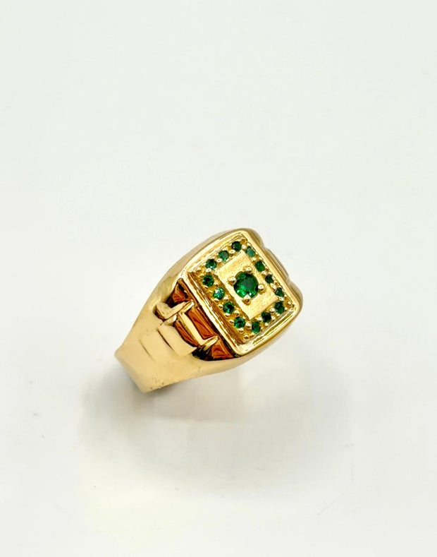 Anillo Troquelado cuadrado circones verdes  Oro amarillo 18k / Talla 10/2 / 4,44 Gr