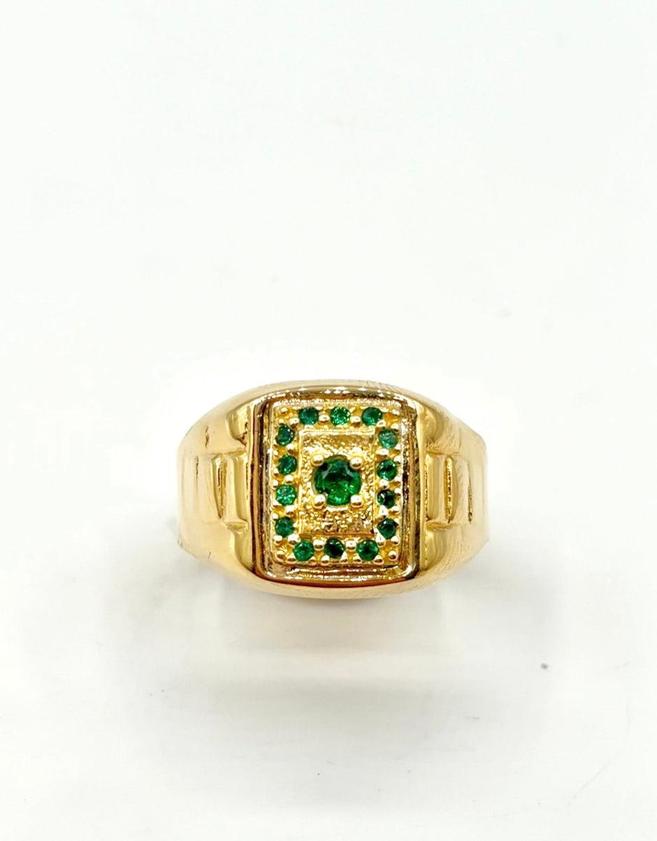 Anillo Troquelado cuadrado circones verdes  Oro amarillo 18k / Talla 10/2 / 4,44 Gr