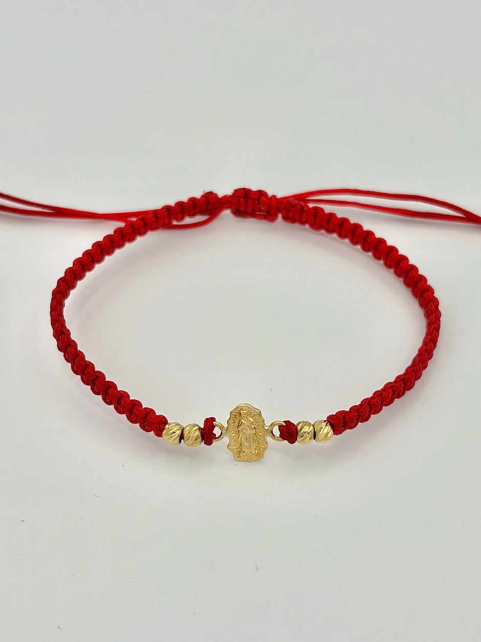 Pulsera tejida herraje virgen de guadalupe 4BD #3 hilo rojo Oro amarillo 18k 0,36 Gr