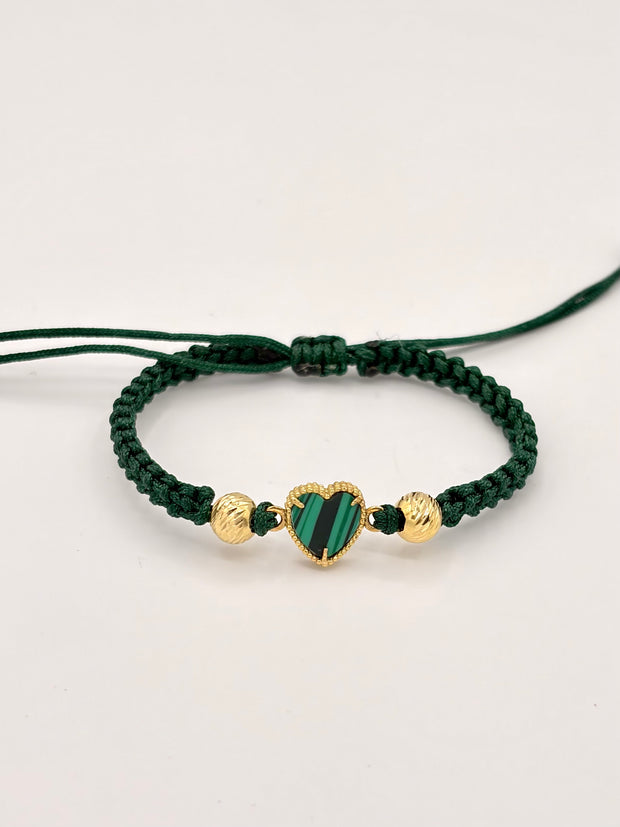 Pulsera tejida herraje corazon piedra verde 2BD #6 hilo verde Oro amarillo 18k 1,15 Gr