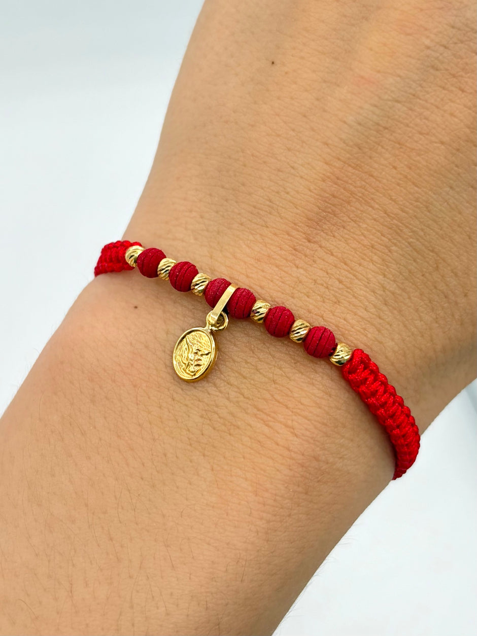 Pulsera tejida dije san miguel arcangel 6BD #3 hilo rojo Oro amarillo 18k 0,55 Gr