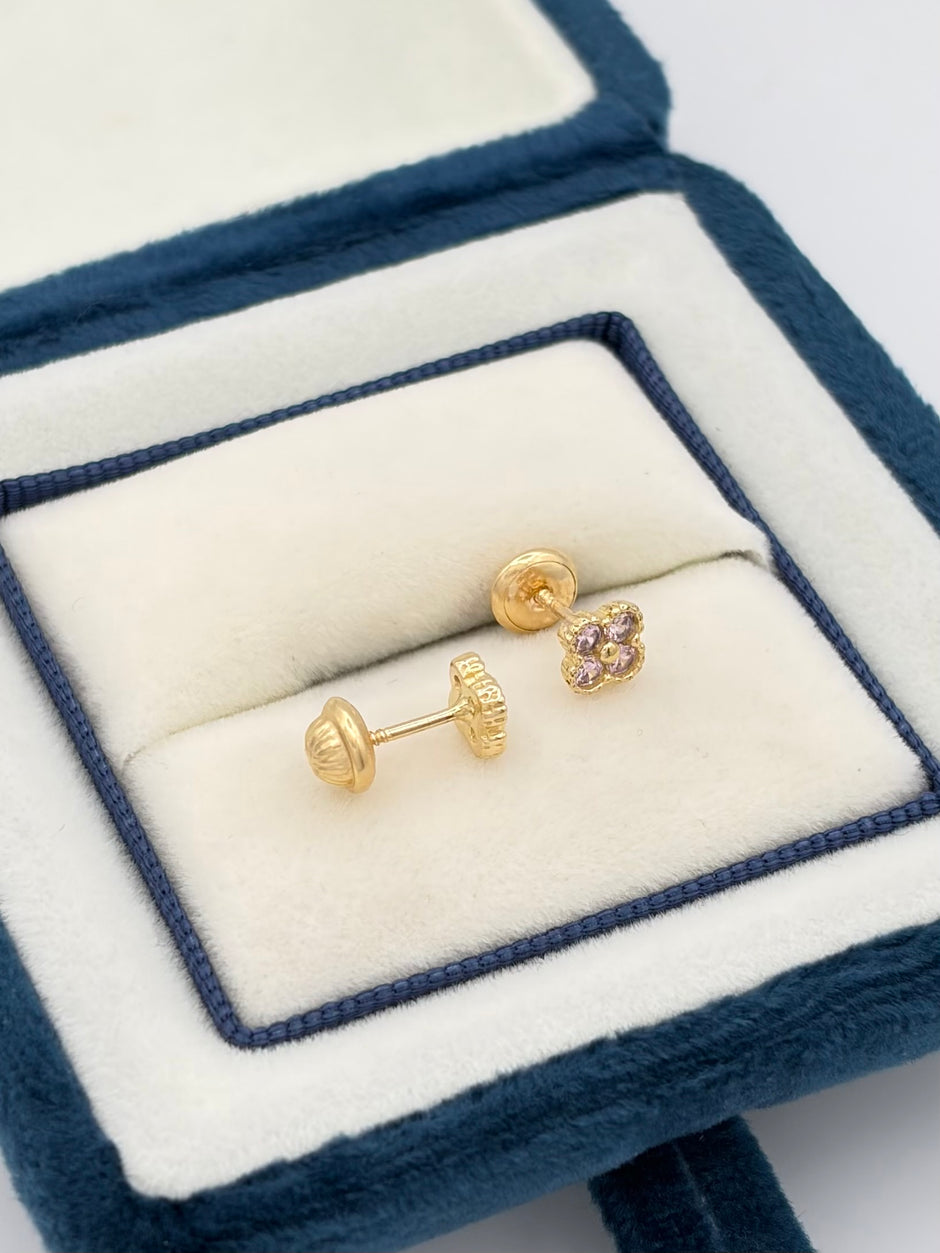 Topos trebol circones rosados  Oro amarillo 18k 1,09 Gr / 4 mm