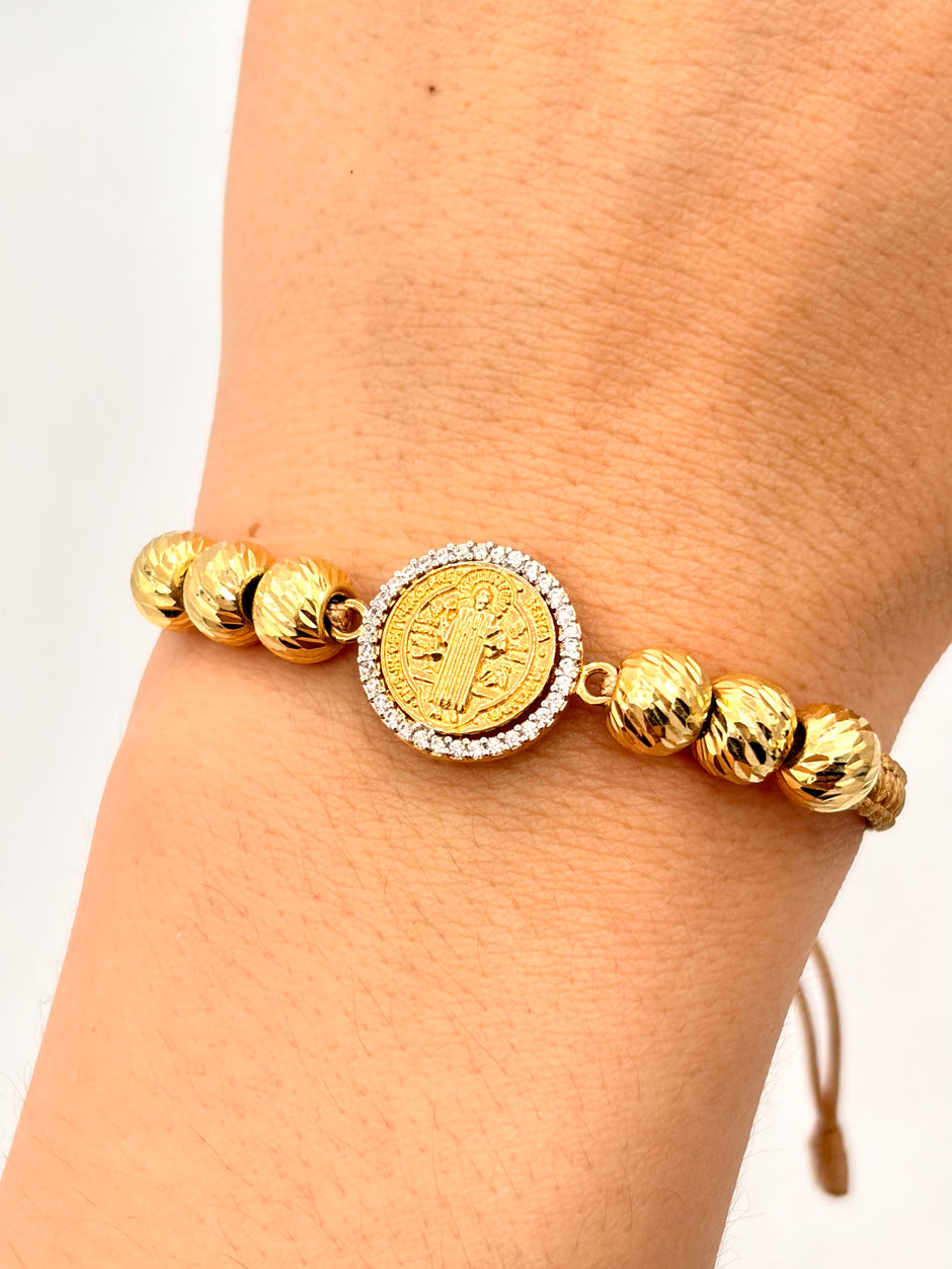 Pulsera tejida herraje san benito circones 6BD #7 hilo beige Oro amarillo 18k 3,57 Gr