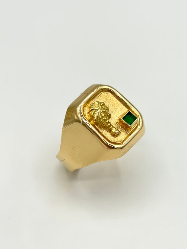 Anillo Troquelado palmera circon verde  Oro amarillo 18k / Talla 9/2 / 3,53 Gr