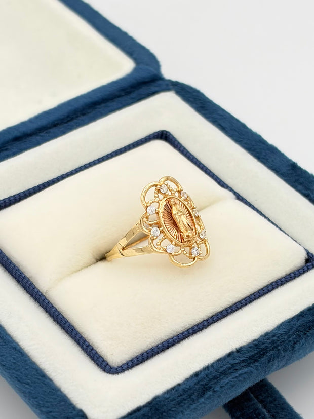 Anillo Virgen de guadalupe circones blancos  Oro amarillo y Oro rosa 18k / Talla 6 / 2,08 Gr