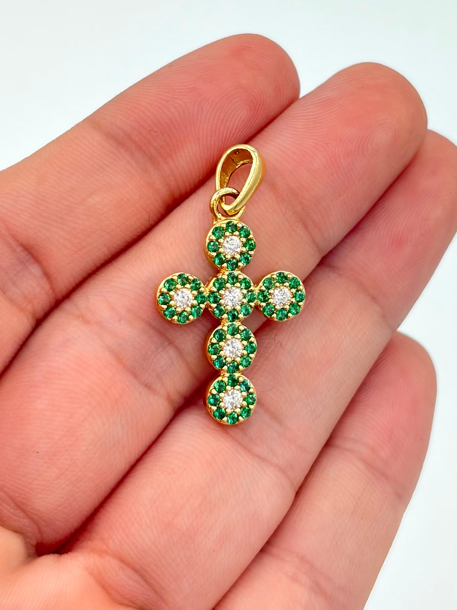 Dije cruz casting verdes y blancos Oro amarillo 18k 2,20 Gr / 2,8 Cm