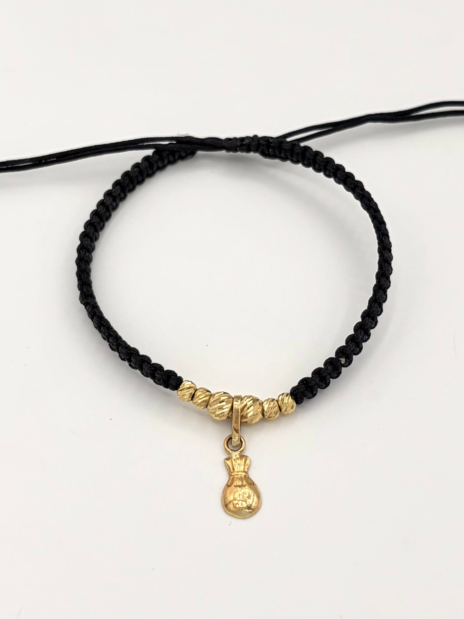 Pulsera tejida dije bolsa dinero 4BD #3 2BD #4 hilo negro Oro amarillo 18k 0,58 Gr