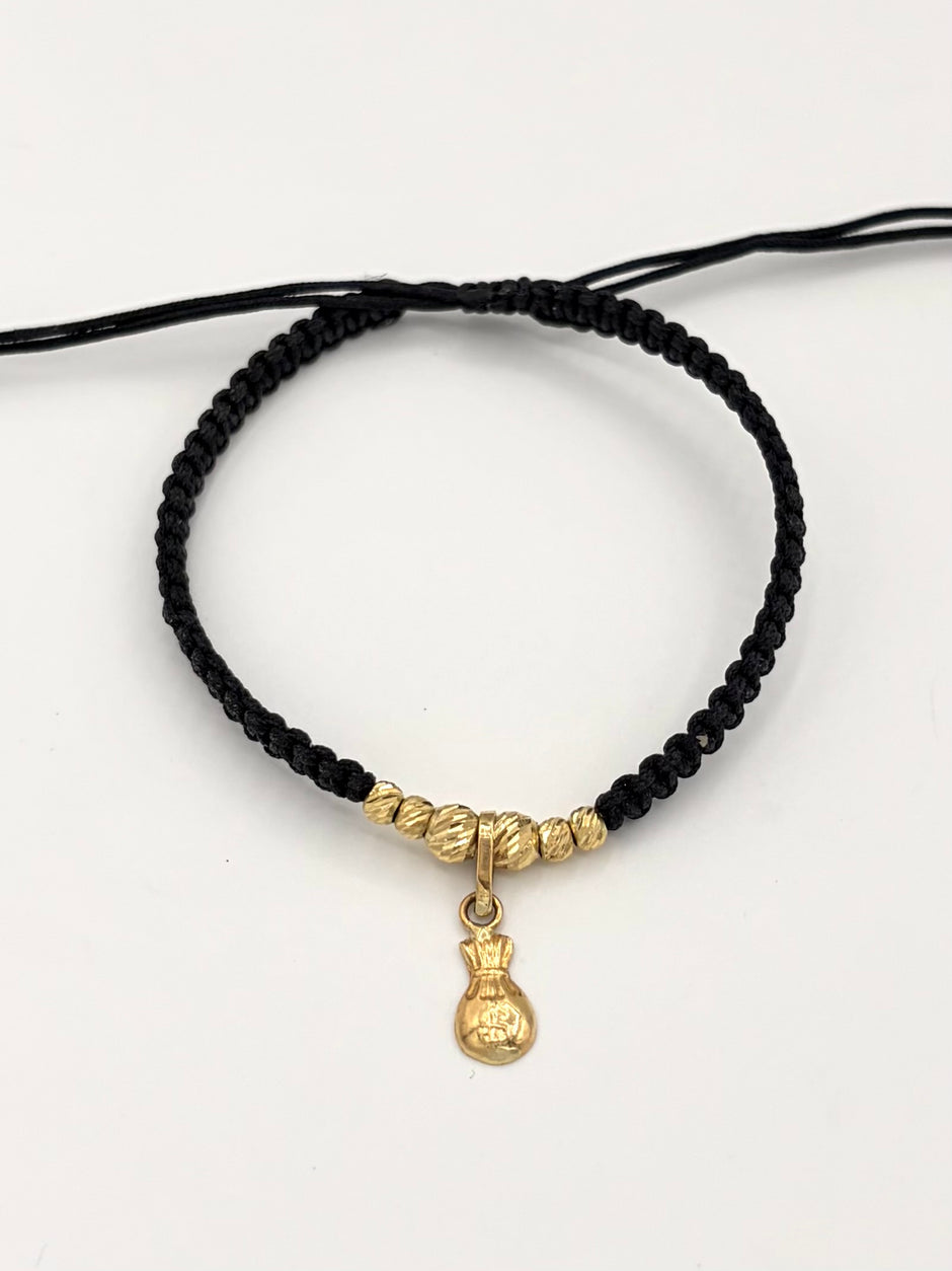 Pulsera tejida dije bolsa dinero 4BD #3 2BD #4 hilo negro Oro amarillo 18k 0,58 Gr