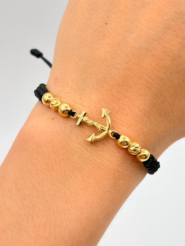 Pulsera tejida herraje ancla 4BL #5 2BD #5 hilo negro Oro amarillo 18k 2,0 Gr