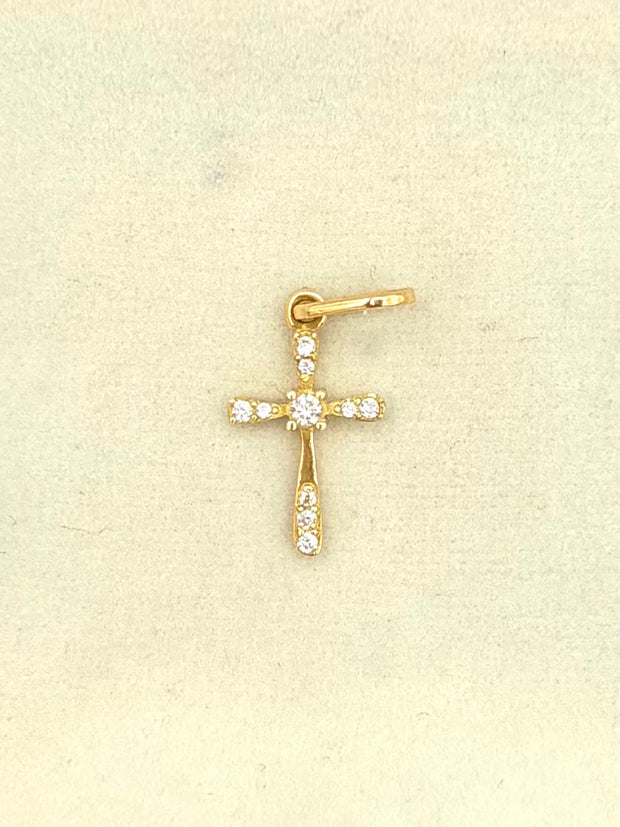 Dije cruz con circones blancos en el centro Oro amarillo 18k 0,65 Gr / 2,5 Cm
