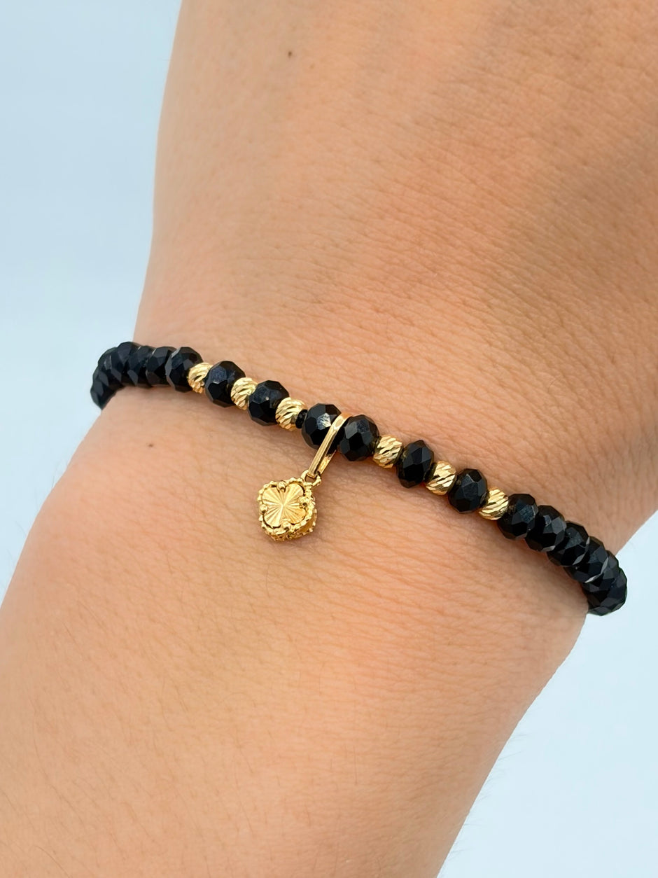 Pulsera tejida dije trebol dorado 6BD #3 hilo negro Oro amarillo 18k 0,65 Gr