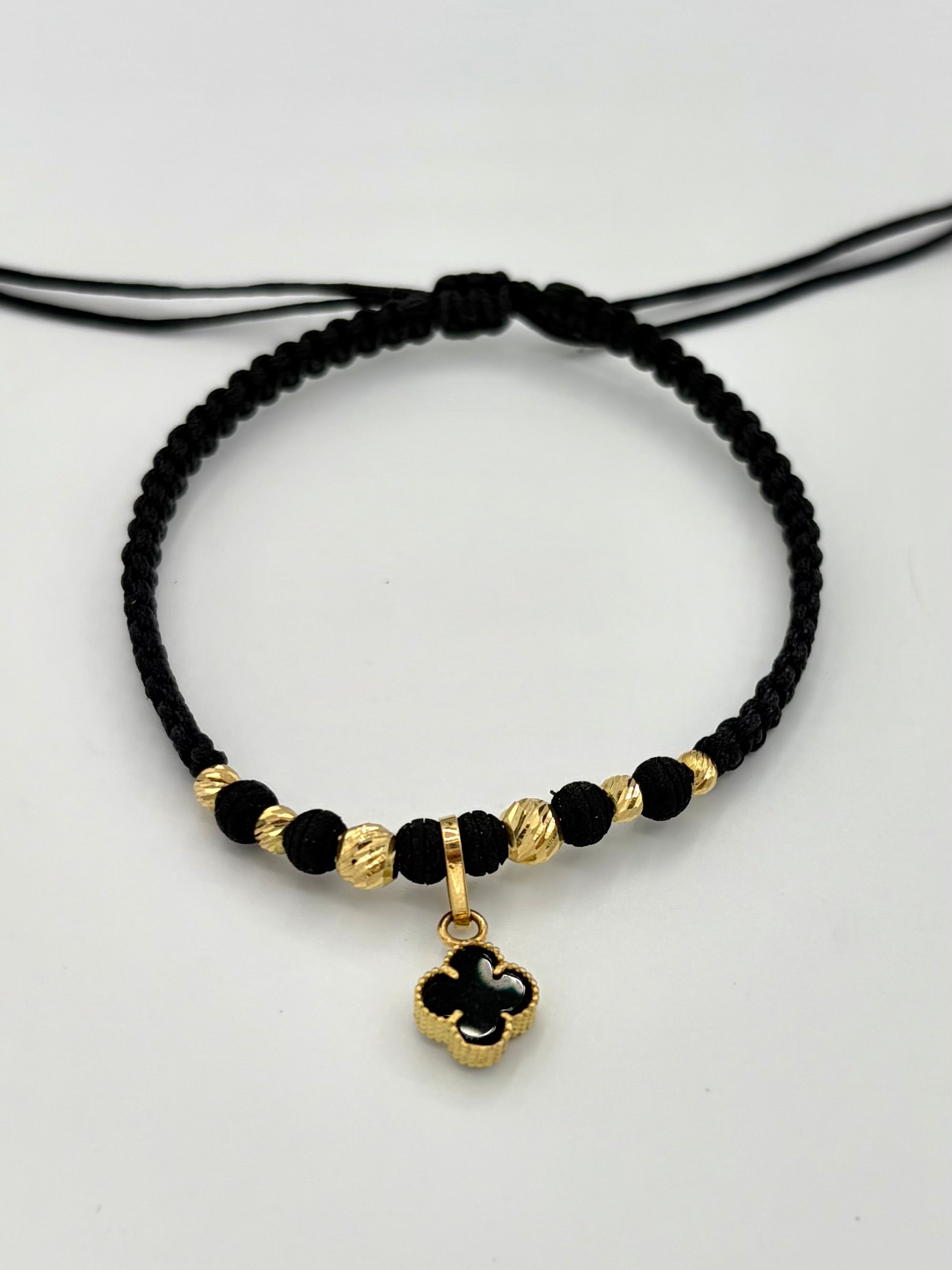 Pulsera tejida dije trebol negro 4BD #3 2BD #4 hilo negro Oro amarillo 18k 1,10 Gr