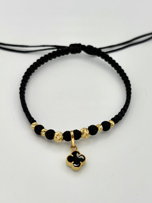 Pulsera tejida dije trebol negro 4BD #3 2BD #4 hilo negro Oro amarillo 18k 1,10 Gr
