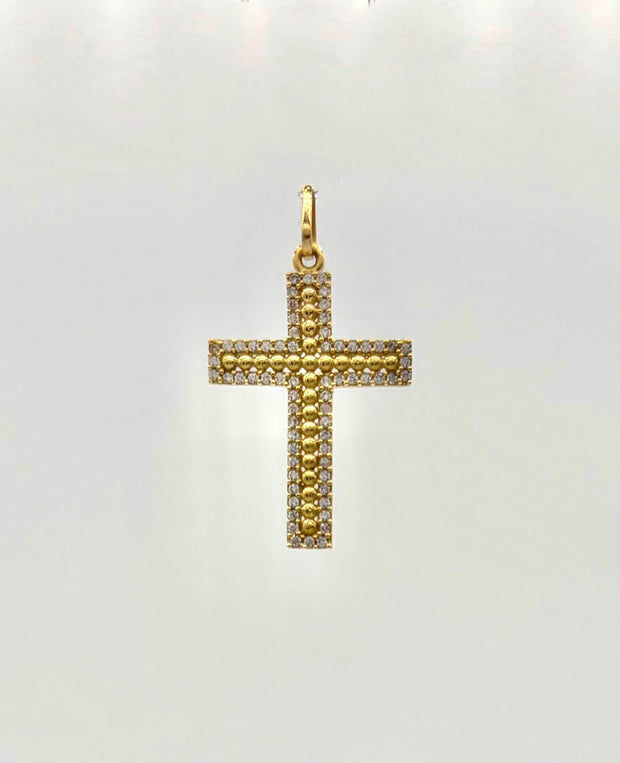 Dije cruz balines con circones blancos Oro amarillo 18k 1,73 Gr / 3,0 Cm