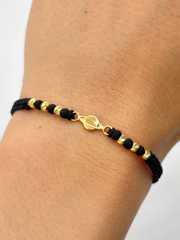 Pulsera tejida herraje planeta 6BD #3 hilo negro Oro amarillo 18k 0,38 Gr
