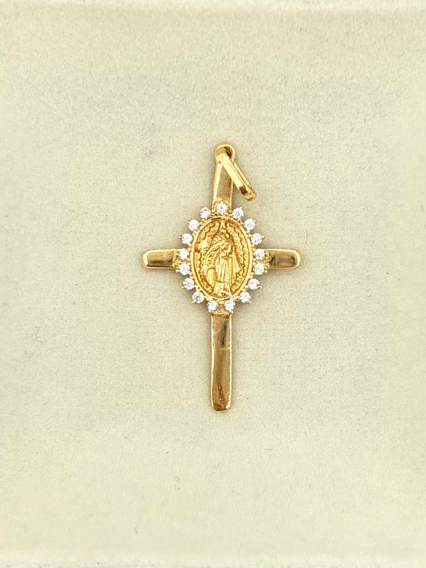Dije cruz virgen con circones blancos Oro amarillo 18k 2,13 Gr / 3,6 Cm