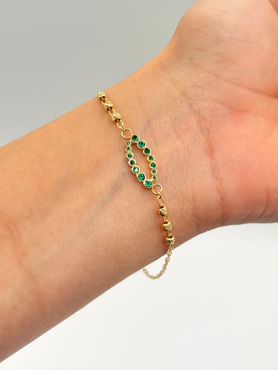 Pulso ovalo circones verdes con balines #3 Oro amarillo 18k 2,08 Gr / 1 mm / 19,1 Cm Broche 0,15