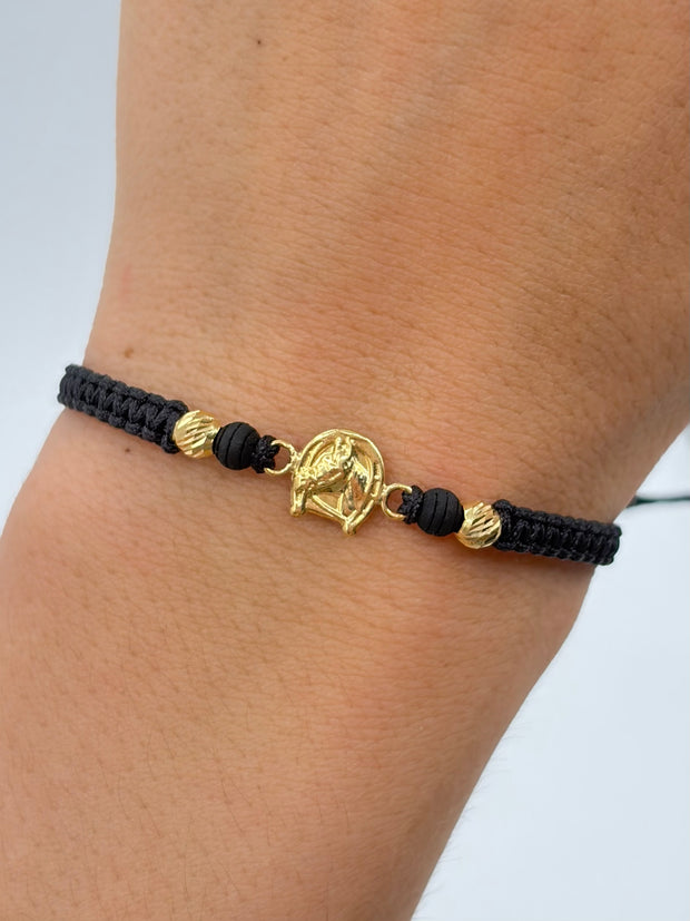 Pulsera tejida herradura caballo 2BD #4 hilo negro Oro amarillo 18k 0,42 Gr