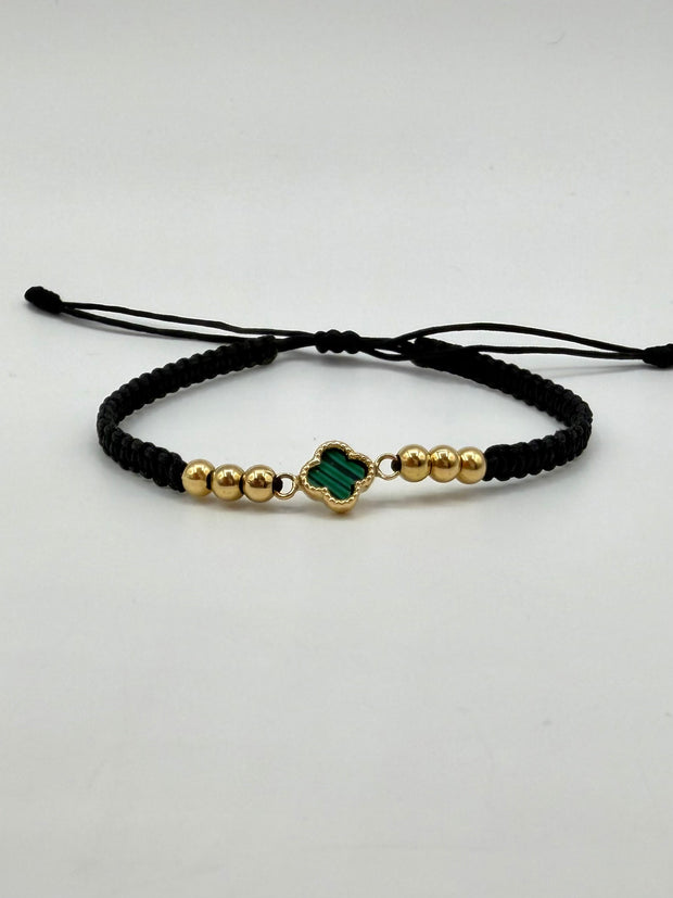 Pulsera tejida herraje trebol mini verde 6BL #4 hilo negro Oro amarillo 18k 0,86 Gr