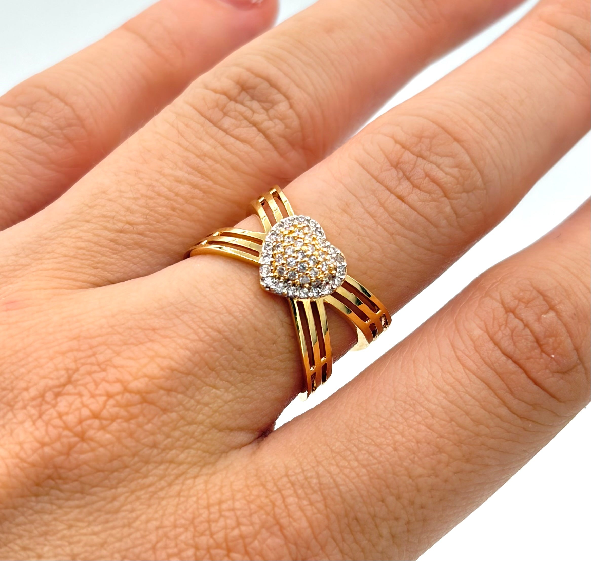 Anillo doble corazon circones blanco Oro amarillo 18k / Talla 7 / 4,40 Gr