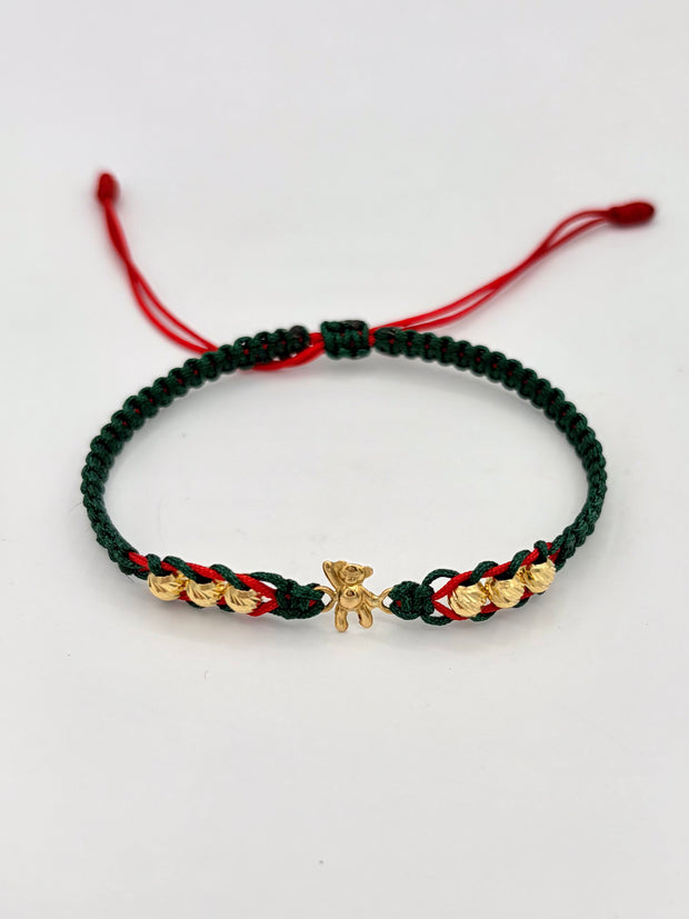 Pulsera tejida herraje osito 6BD # 4 hilo verde y rojo Oro amarillo 18k 0,45 Gr