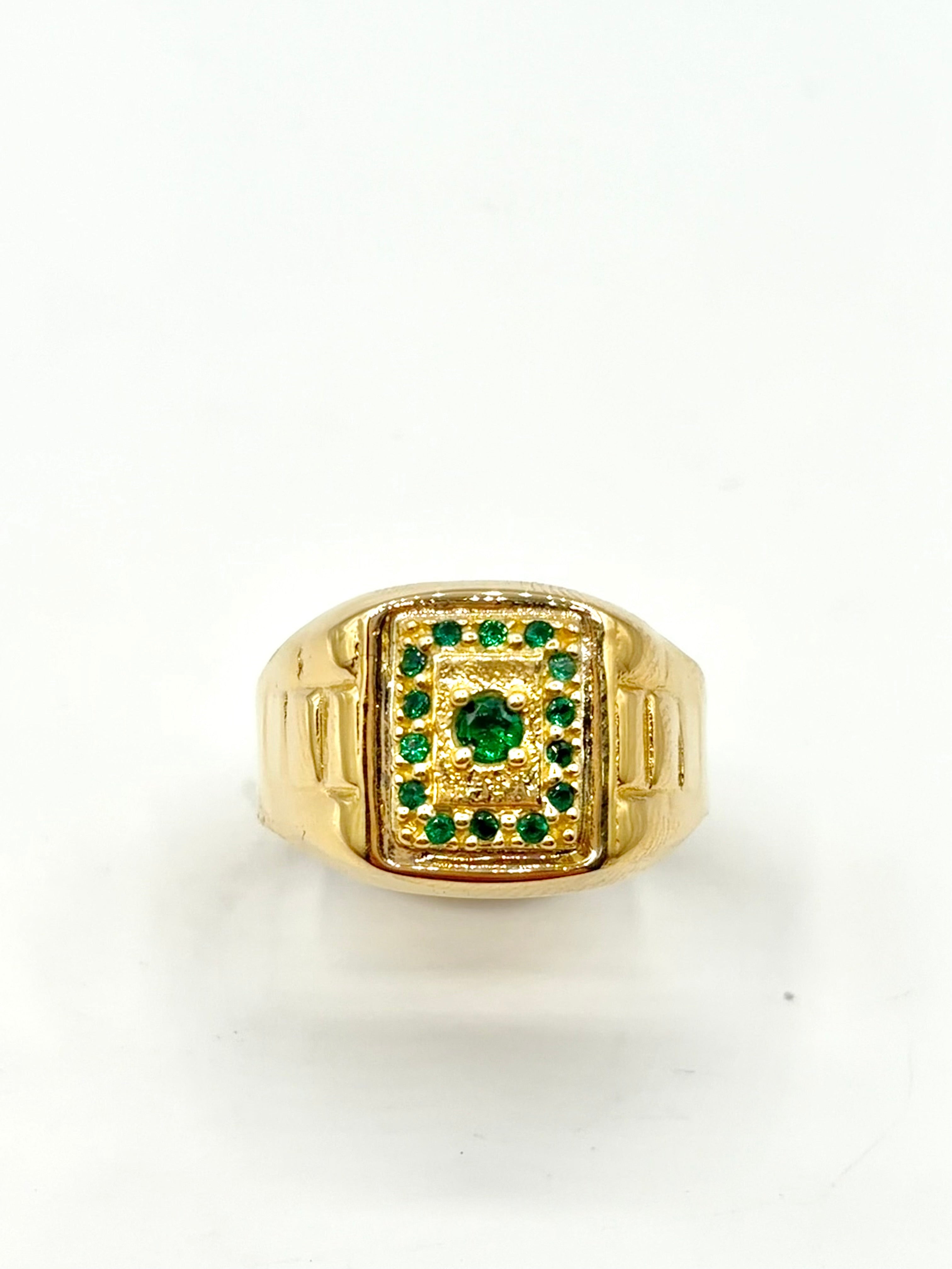 Anillo Troquelado cuadrado circones verdes  Oro amarillo 18k / Talla 9 / 4,34 Gr