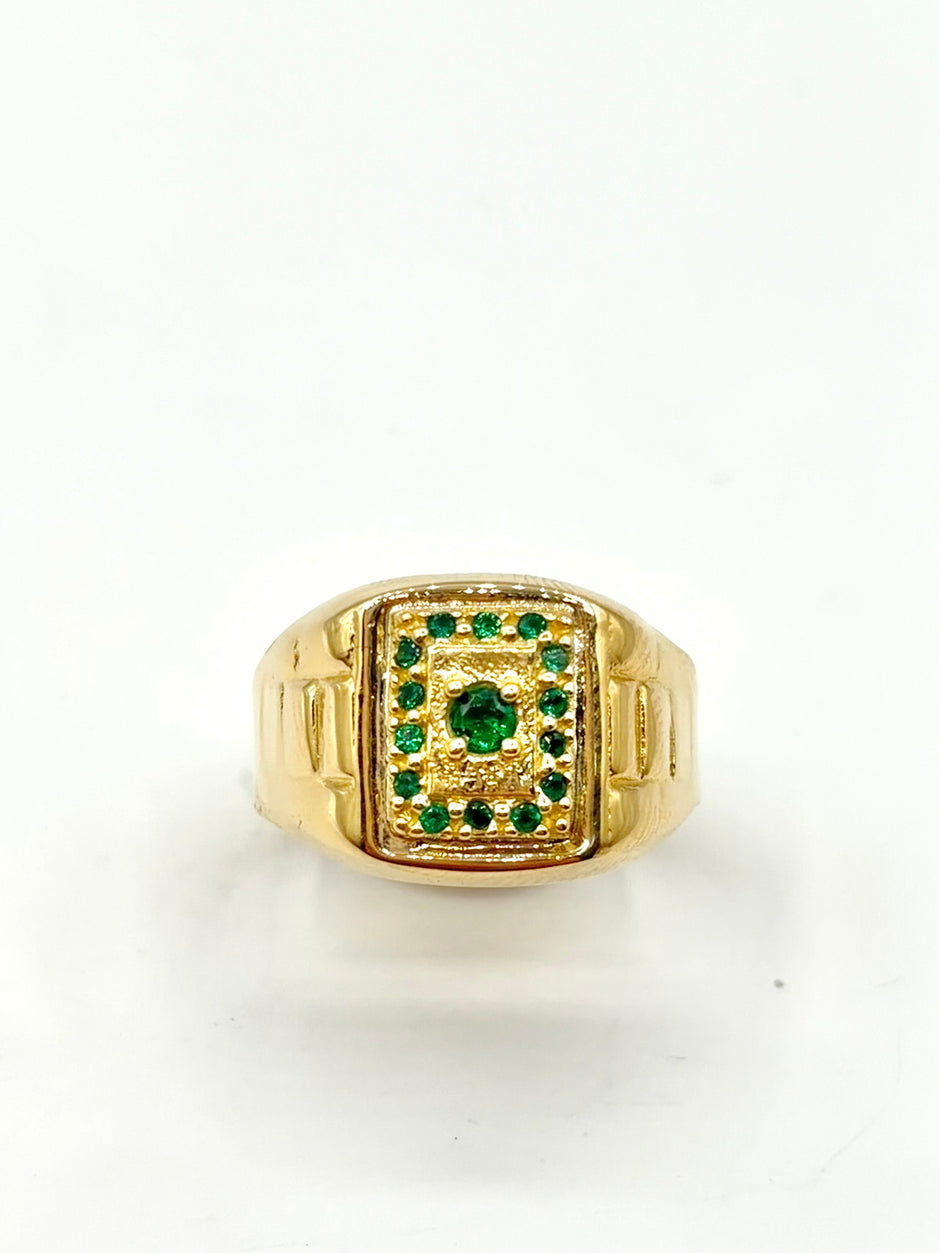 Anillo Troquelado cuadrado circones verdes  Oro amarillo 18k / Talla 9 / 4,34 Gr