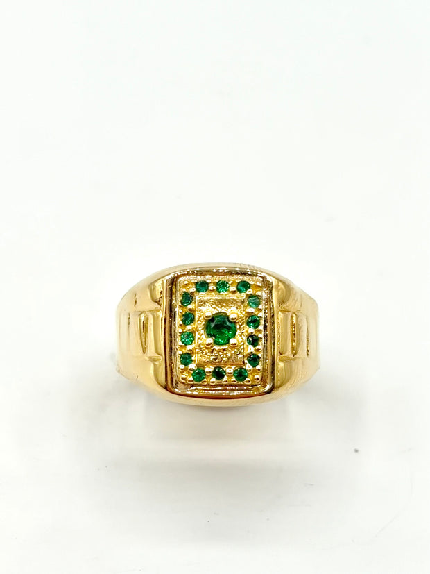 Anillo Troquelado cuadrado circones verdes  Oro amarillo 18k / Talla 9 / 4,34 Gr