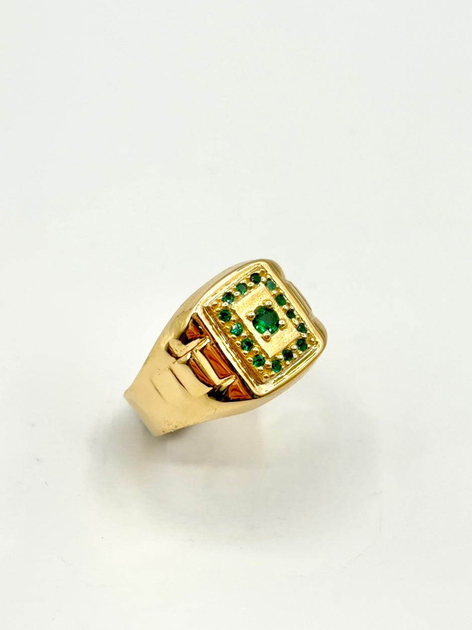 Anillo Troquelado cuadrado circones verdes  Oro amarillo 18k / Talla 9 / 4,34 Gr