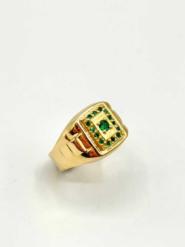 Anillo Troquelado cuadrado circones verdes  Oro amarillo 18k / Talla 9 / 4,34 Gr