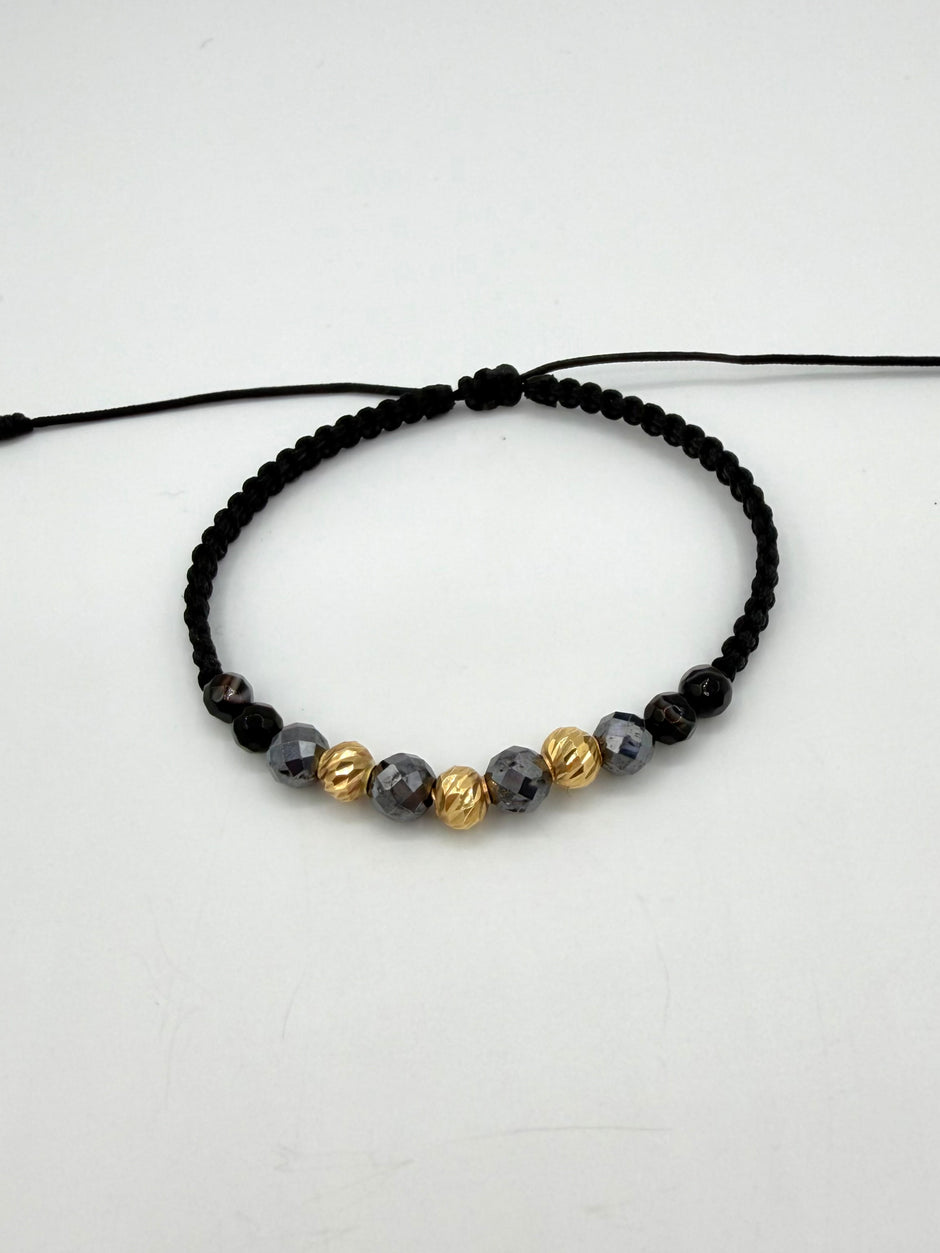 Pulsera tejida 3BD #5 piedras negras hilo negro Oro amarillo 18k 0,43 Gr