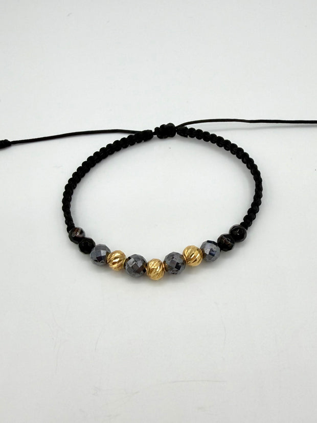 Pulsera tejida 3BD #5 piedras negras hilo negro Oro amarillo 18k 0,43 Gr