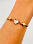 Pulsera tejida herraje corazon blanco 2BD #6 hilo beige Oro amarillo 18k 0,87 Gr