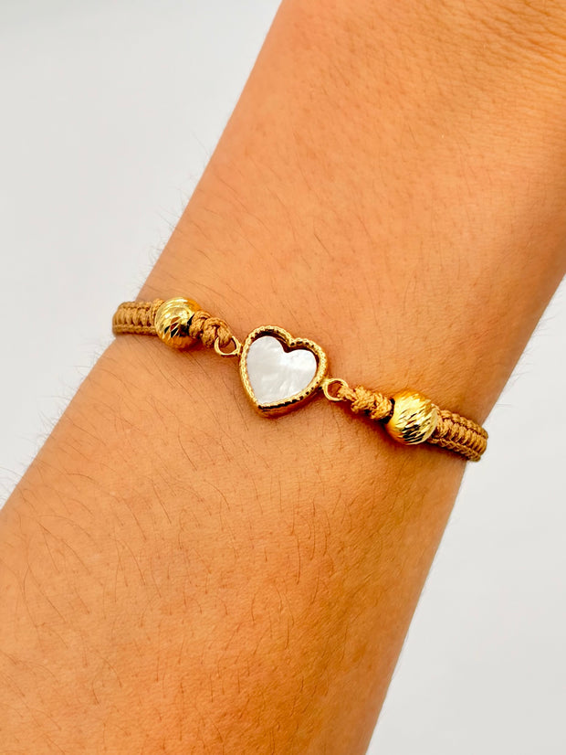Pulsera tejida herraje corazon blanco 2BD #6 hilo beige Oro amarillo 18k 0,87 Gr