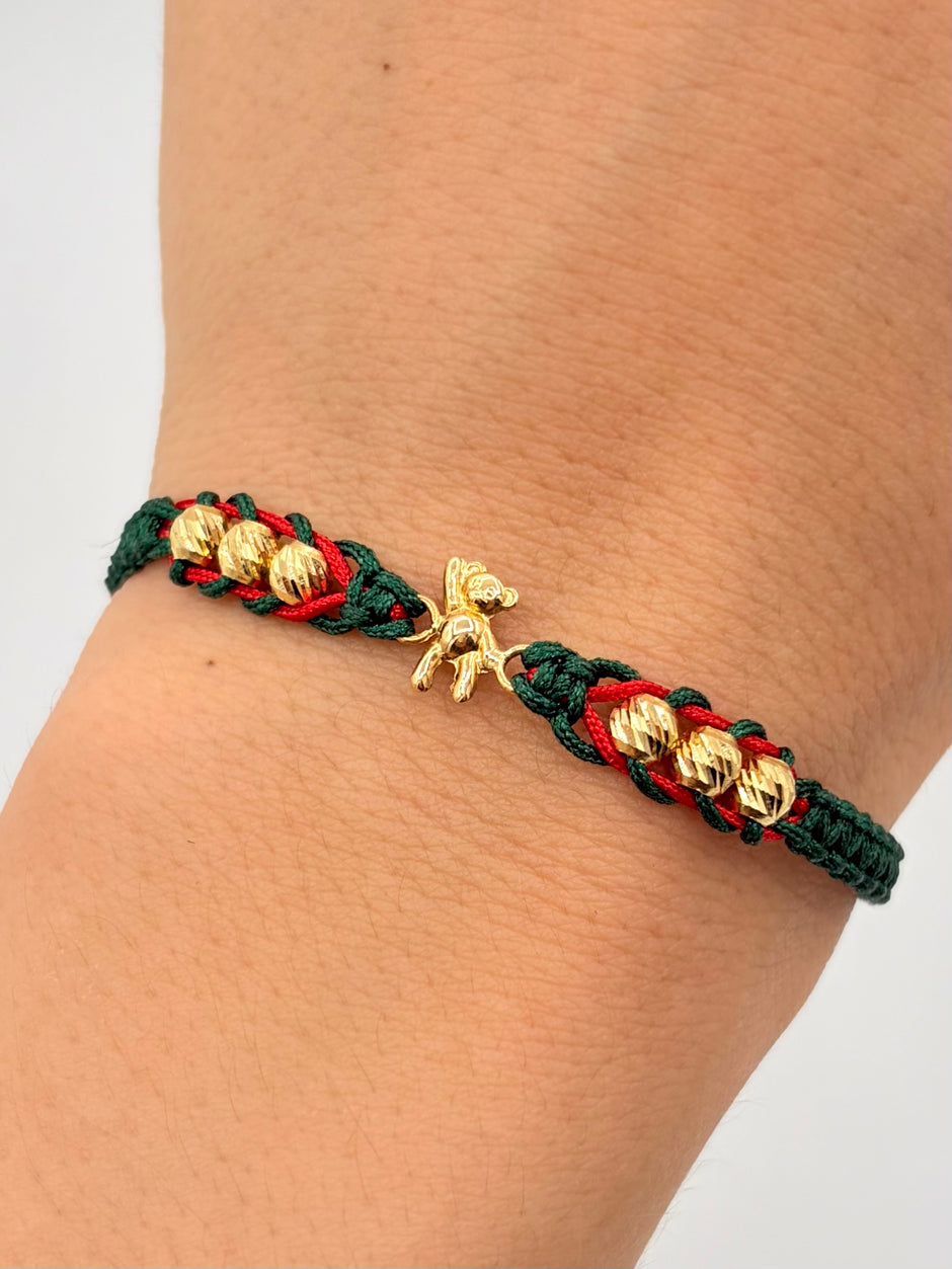 Pulsera tejida herraje osito 6BD # 4 hilo verde y rojo Oro amarillo 18k 0,45 Gr