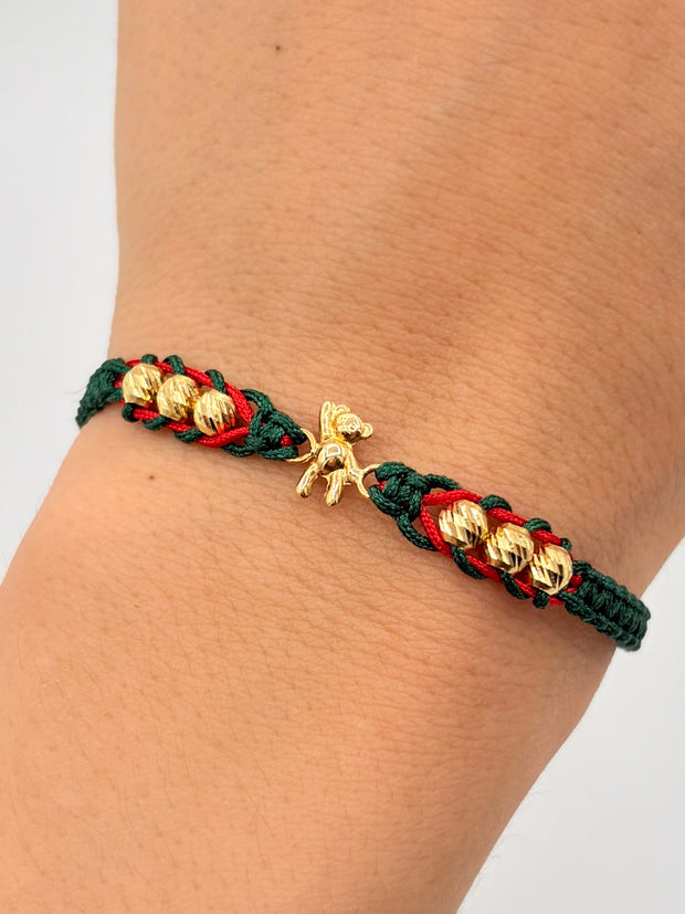 Pulsera tejida herraje osito 6BD # 4 hilo verde y rojo Oro amarillo 18k 0,45 Gr