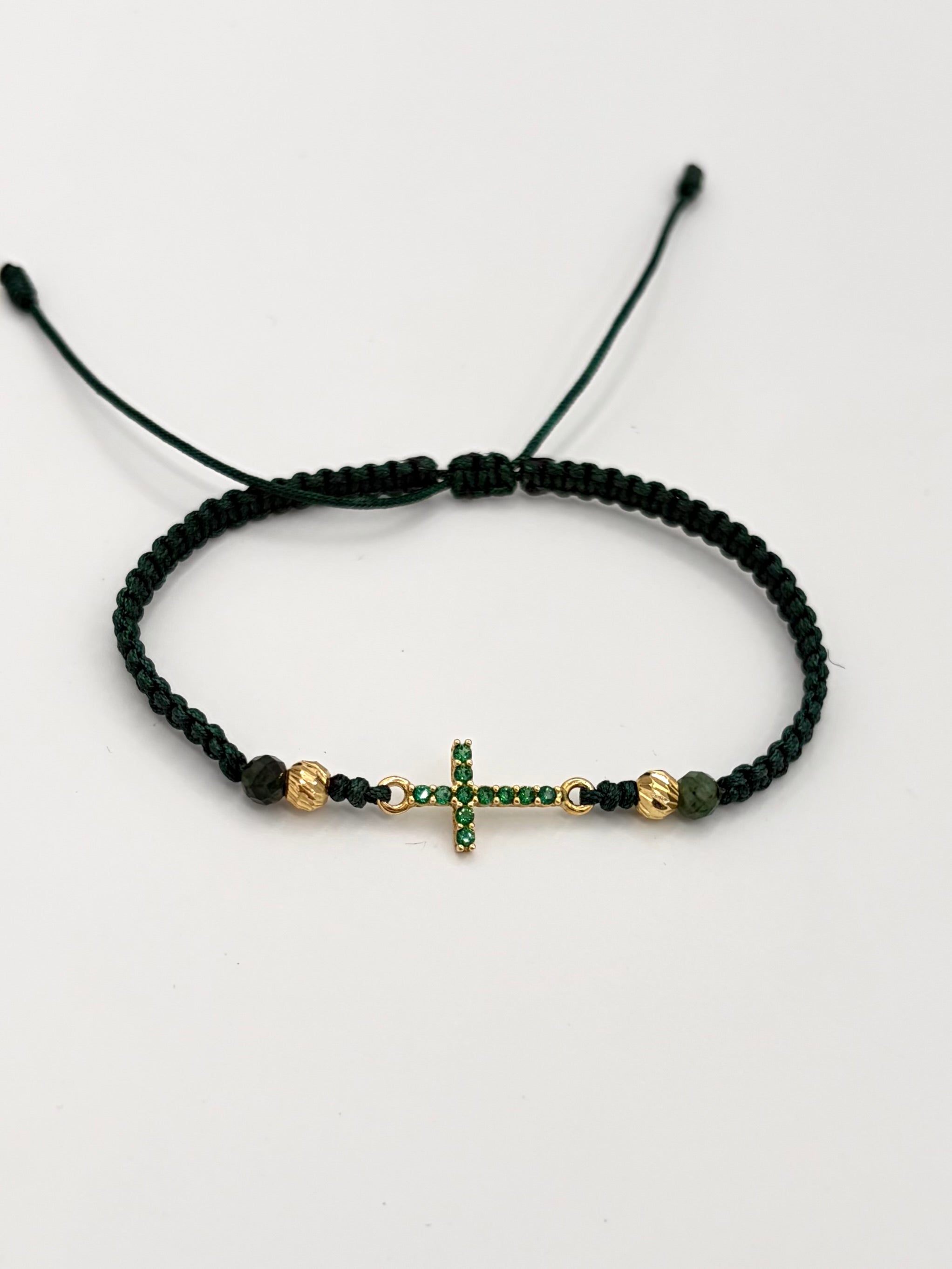 Pulsera tejida herraje cruz circones verdes 2BD #4 hilo verde Oro amarillo 18k 0,78 Gr
