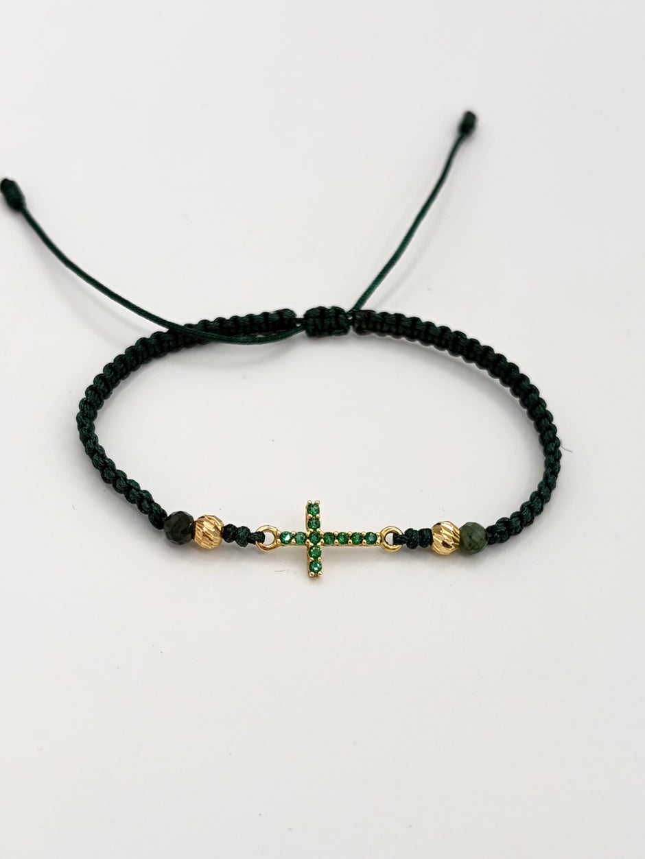 Pulsera tejida herraje cruz circones verdes 2BD #4 hilo verde Oro amarillo 18k 0,78 Gr