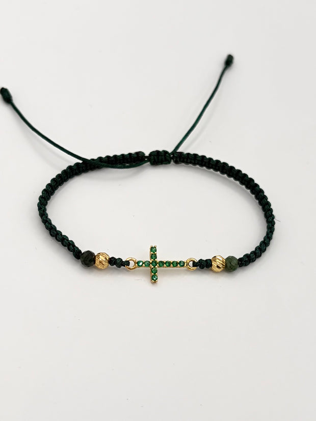 Pulsera tejida herraje cruz circones verdes 2BD #4 hilo verde Oro amarillo 18k 0,78 Gr