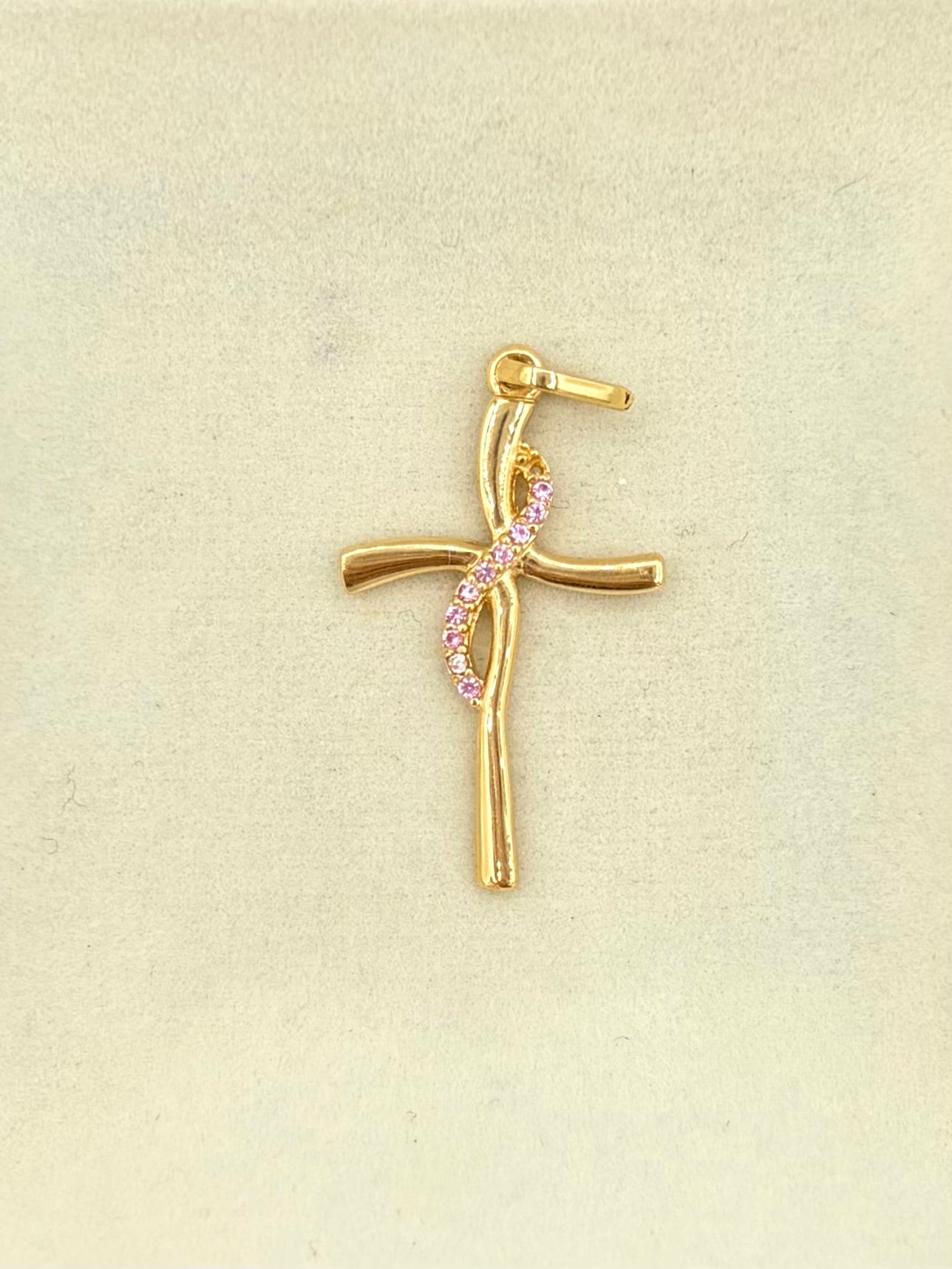 Dije cruz curva circones rosados Oro amarillo 18k 1,14 Gr / 2,9 Cm