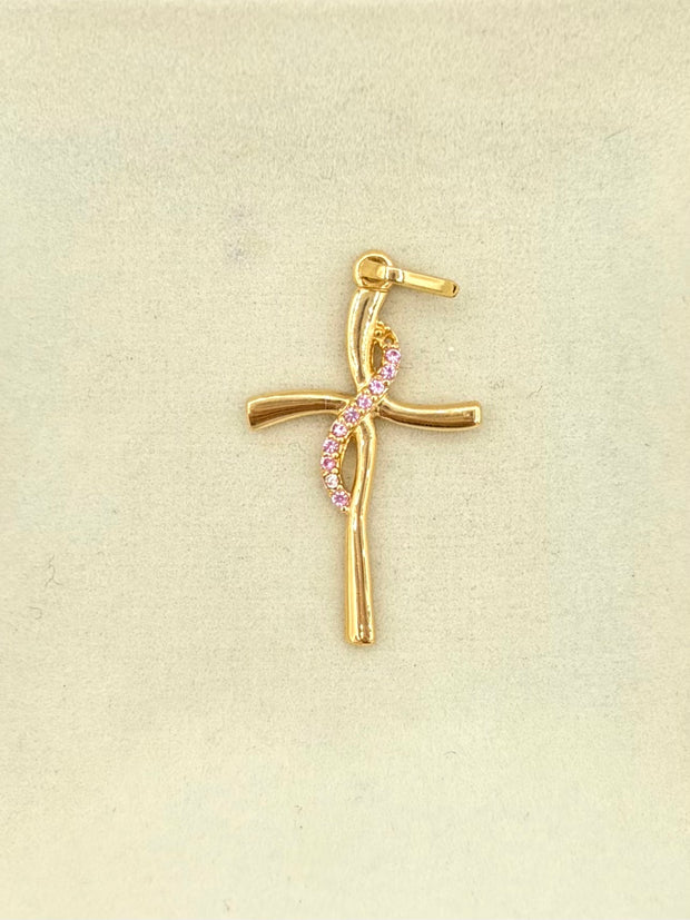 Dije cruz curva circones rosados Oro amarillo 18k 1,14 Gr / 2,9 Cm