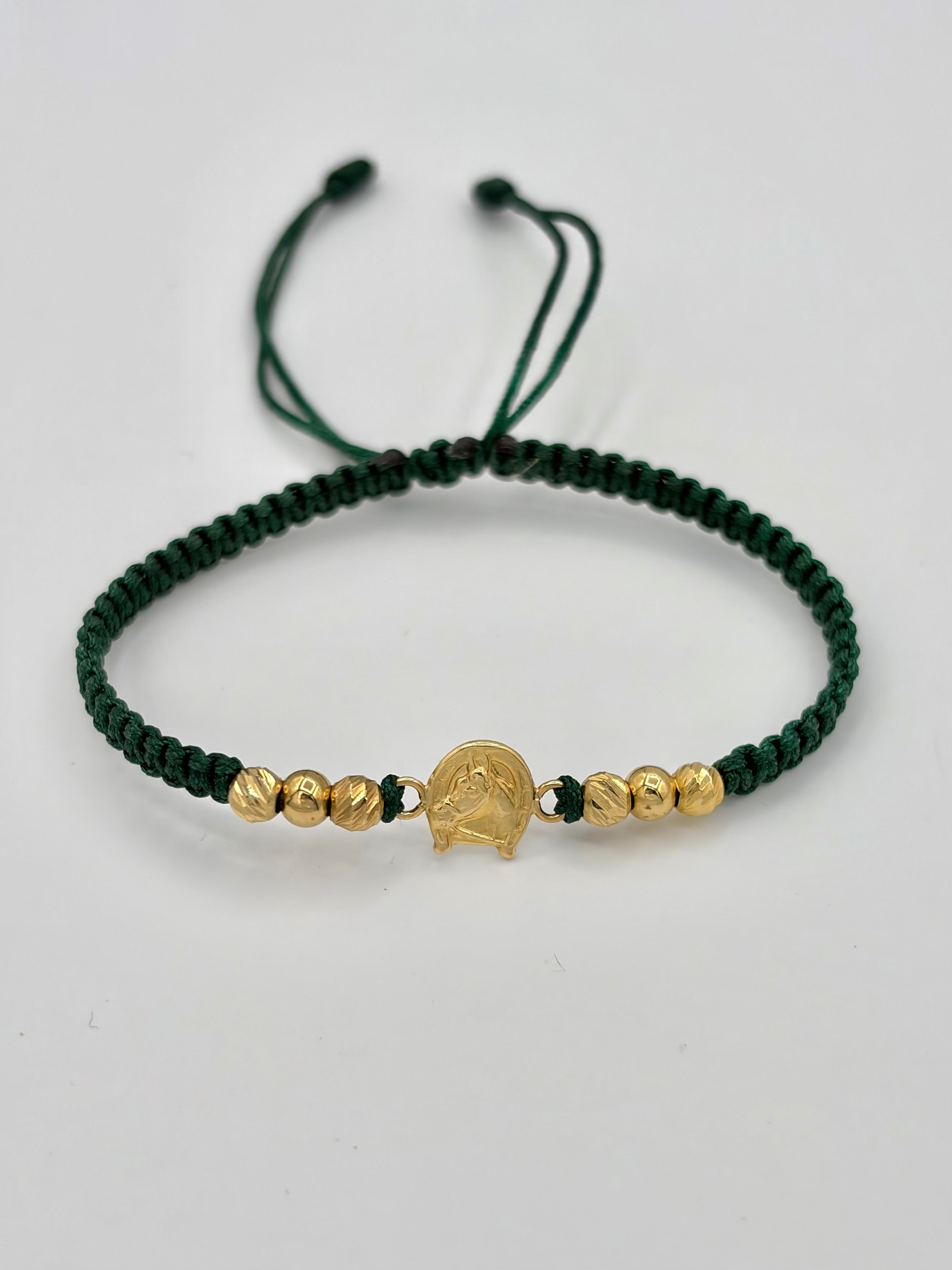 Pulsera tejida herradura caballo 4BD #4 2BL #4 hilo verde Oro amarillo 18k 0,85 Gr