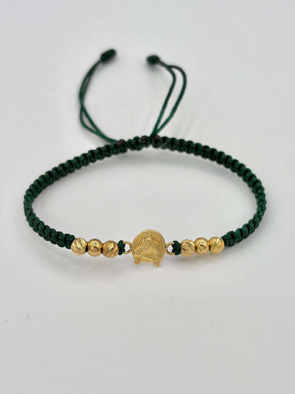 Pulsera tejida herradura caballo 4BD #4 2BL #4 hilo verde Oro amarillo 18k 0,85 Gr