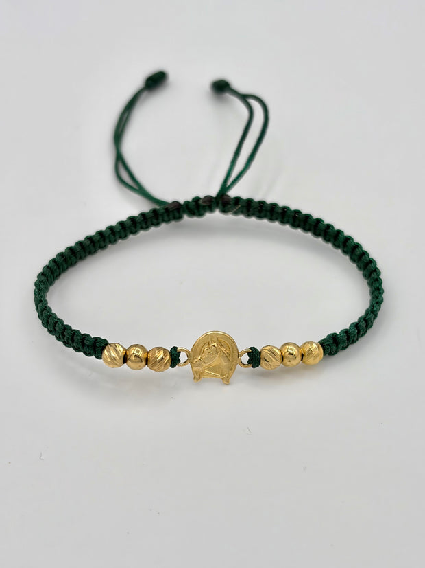Pulsera tejida herradura caballo 4BD #4 2BL #4 hilo verde Oro amarillo 18k 0,85 Gr
