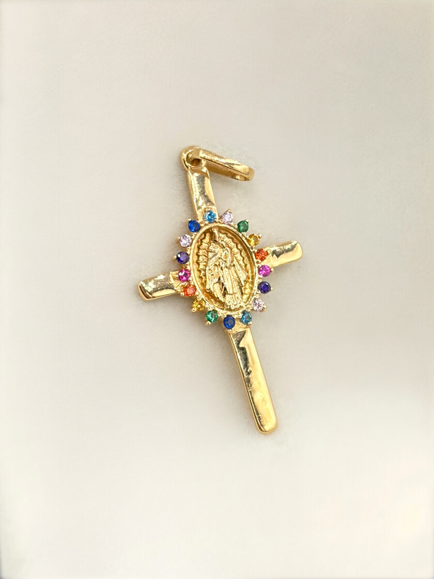 Dije cruz centro virgen circones de colores  Oro amarillo 18k 2,16 Gr / 3,5 Cm