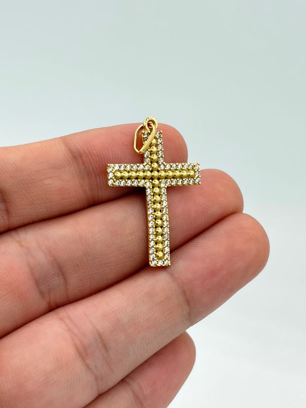 Dije cruz balines con circones blancos Oro amarillo 18k 1,73 Gr / 3,0 Cm