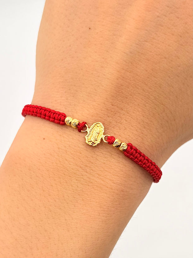Pulsera tejida herraje virgen de guadalupe 4BD #3 hilo rojo Oro amarillo 18k 0,36 Gr