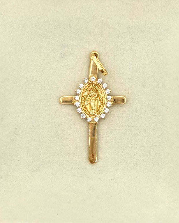 Dije cruz virgen circones blancos Oro amarillo 18k 2,31 Gr / 3,5 Cm
