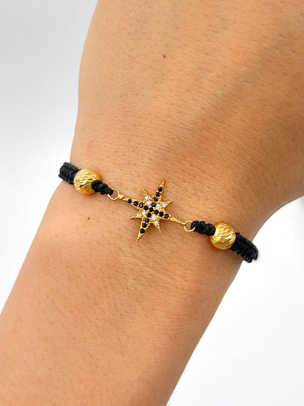 Pulsera tejida herraje estrella circones 2BD #6 hilo negro Oro amarillo 18k 1,41 Gr