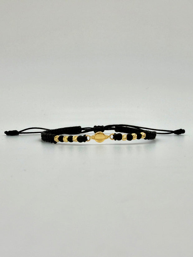 Pulsera tejida herraje planeta 6BD #3 hilo negro Oro amarillo 18k 0,38 Gr